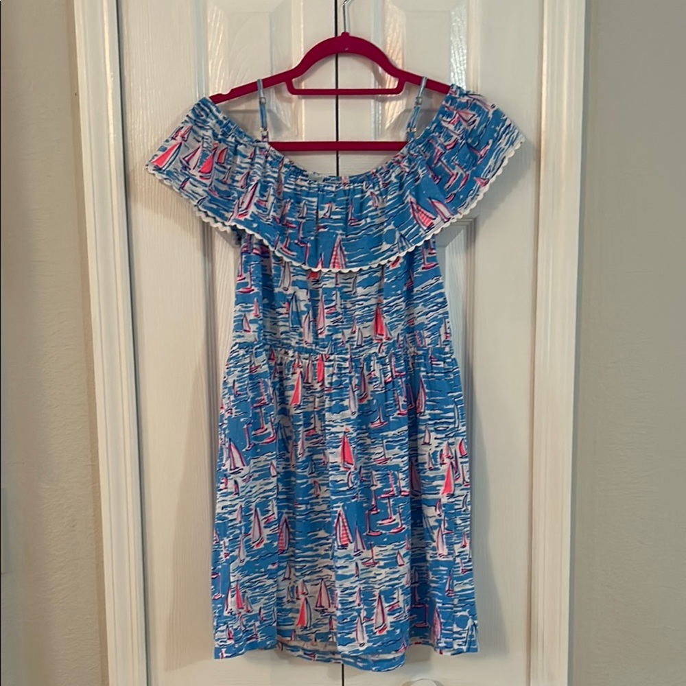 Blue & pink Off-Shoulder Dress with Sailboat Print